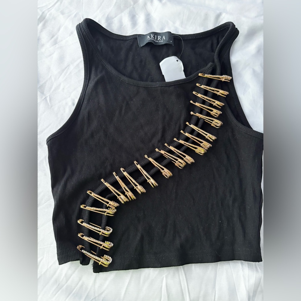Black Ribbed Tank Top with Gold Embellishments